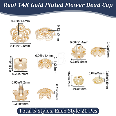 100Pcs 5 Style Brass & Alloy Bead Caps FIND-BBC0004-43-1