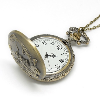 Alloy Flat Round with Dragon Pendant Necklace Pocket Watch X-WACH-N012-27-1