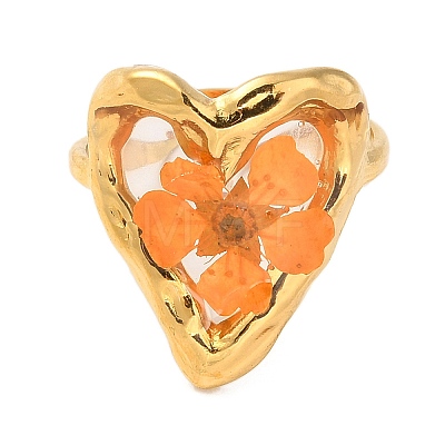 Heart Epoxy Resin with Dry Flower Adjustable Rings RJEW-G304-01G-1