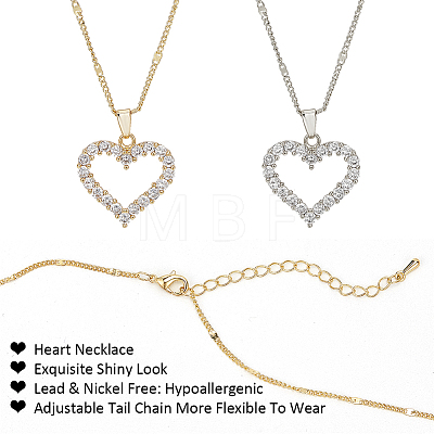ANATTASOUL 2Pcs 2 Colors Rhinestone Hollow Heart Pendant Necklace with Brass Chains for Women NJEW-AN0001-70-1