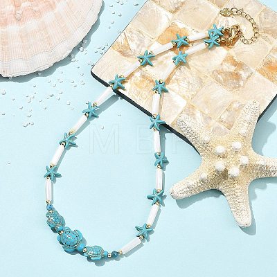 Summer Beach Dyed Synthetic Turquoise Starfish Turtle & Natural Shell Column Graduated Beaded Necklaces with Natural Apatite Faceted Round Beads NJEW-JN06601-02-1