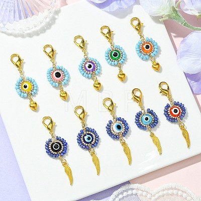 10Pcs Flat Round Evil Eye Resin with Glass Seed Pendant Decorations HJEW-MZ00095-1