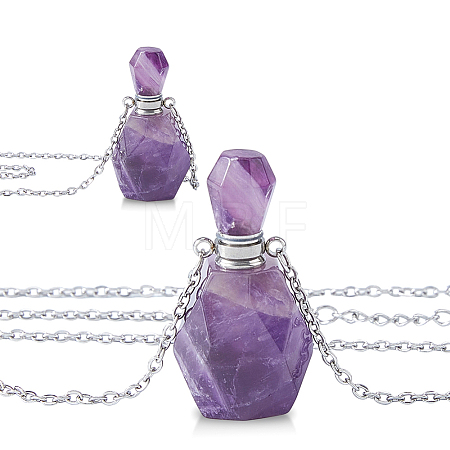 Natural Amethyst Faceted Perfume Bottle Pendant 304 Stainless Steel Cable Chain Necklaces NJEW-WH0002-268B-1