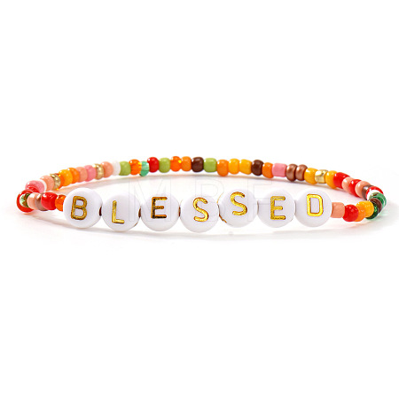 Bohemian Handmade Word Resin & Plastic Colorful Glass Beaded Friendship Stretch Bracelets for Men Women PI5207-7-1