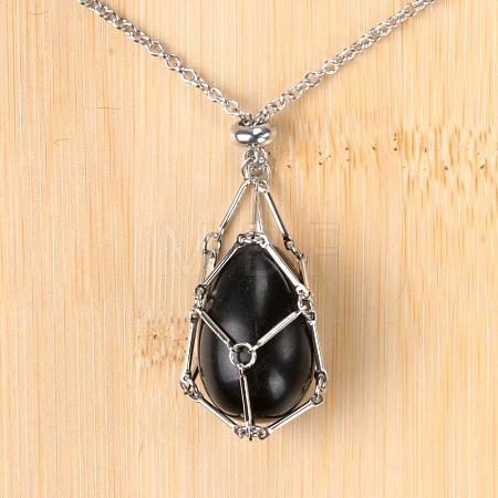 Natural Obsidian Easter Egg Cage Pendant 304 Stainless Steel Cable Chain Necklaces FS-WGA333C-09-1