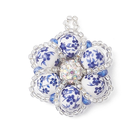 Handmade Blue and White Floral Printed Porcelain Bead Flower Pendants PALLOY-MZ01189-1