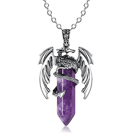 Natural Amethyst Bullet with Dragon Pendant Necklace with Zinc Alloy Chains PW-WG99720-07-1