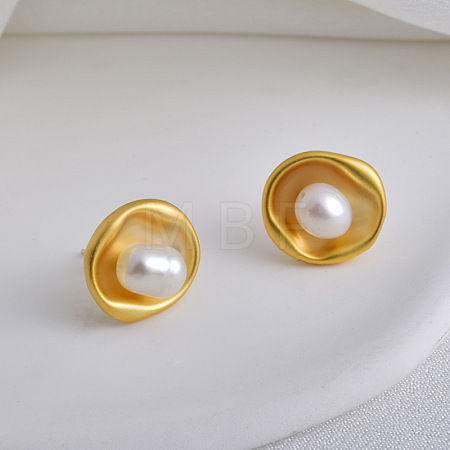 Flat Round Brass & Freshwater Pearl Stud Earrings for Women EJEW-G391-04MG-1