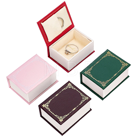 4Pcs 4 Colors Vintage Book-Shaped Cardboard Jewelry Ring Boxes with Magnetic Lid and Sheepskin Leather Inside CON-PH0003-75-1