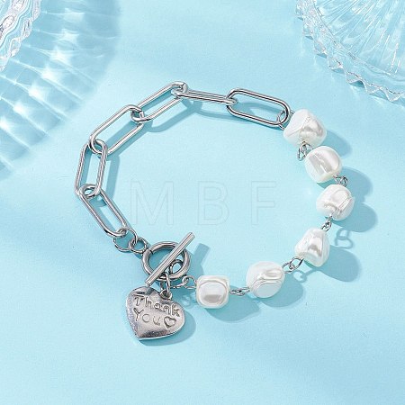 Electroplated Shell Pearl Beads & 304 Stainless Steel Paperclip Chains Beaded Bracelets for Women BJEW-JB12892-1