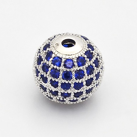 CZ Brass Micro Pave Grade AAA Blue Color Cubic Zirconia Round Beads KK-O065-8mm-03P-NR-1