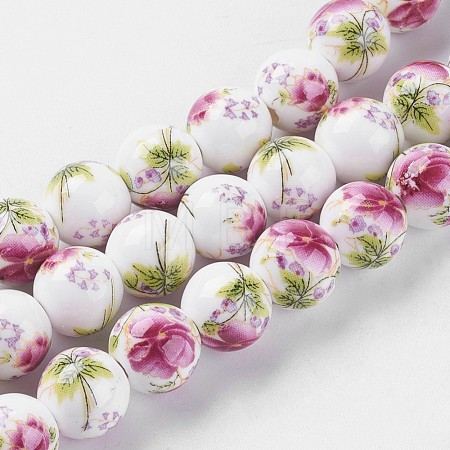Handmade Flower Printed Porcelain Ceramic Beads Strands PORC-J006-A06-1