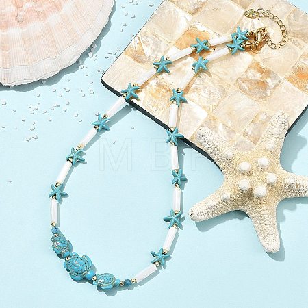 Summer Beach Dyed Synthetic Turquoise Starfish Turtle & Natural Shell Column Graduated Beaded Necklaces with Natural Apatite Faceted Round Beads NJEW-JN06601-02-1