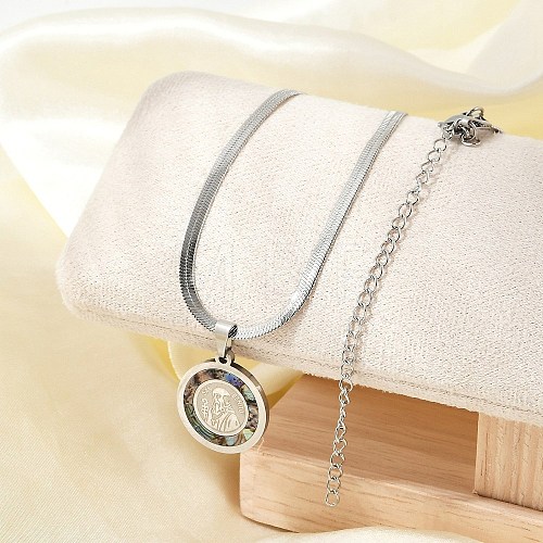 304 Stainless Steel Flat Round Pendant Flat Snake Chain Necklaces for Men NJEW-S387-04P-1