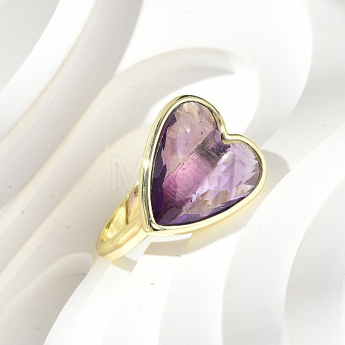 Heart Brass Natural Amethyst Finger Rings RJEW-D304-01G-A-1