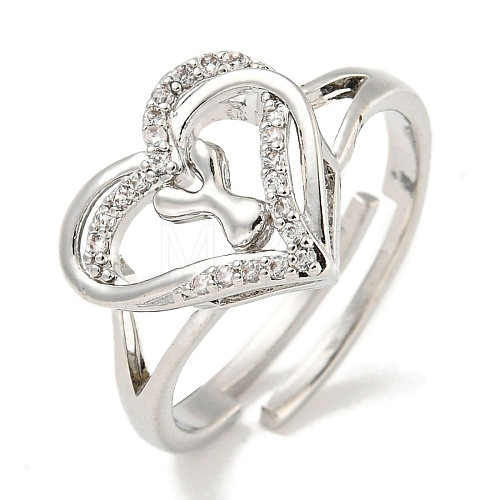 Heart with Letter Rack Plating Brass Micro Pave Clear Cubic Zirconia Adjustable Rings for Women RJEW-I105-01P-Y-1