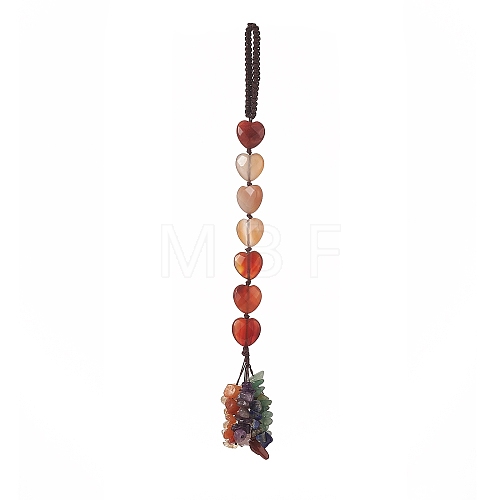 Heart Natural Red Agate & Mixed Stone Chips Tassel Pendant Decorations HJEW-JM00948-05-1