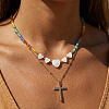 Summer Beach Rainbow Natural Stone and Heart Shell Beaded Stainless Steel Chain Double Layer Necklaces GB7102-1-2