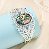 Oval Natural Paua Shell Brass Hollow Floral Cuff Bangles for Women BJEW-JB14503-02-2