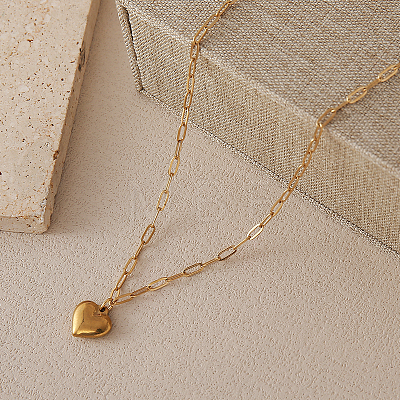 304 Stainless Steel Heart Pendant Paperclip Chain Necklaces for Women UC6740-2-1