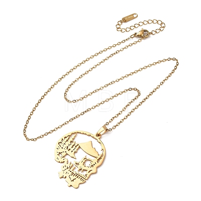 Halloween 304 Stainless Steel Hollow Tree Skull Pendant Cable Chain Necklaces for Men Women NJEW-K308-10G-1