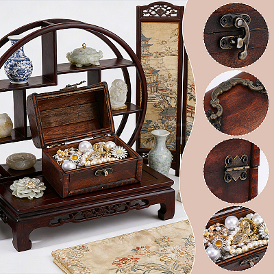 Retro Rectangle Wooden Storage Treasure Chests for Trinkets AJEW-WH0871-84A-1