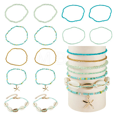 2 Bags Summer Beach Glass Seed Beaded & Natural Shell & Alloy Starfish Charm Anklet Sets AJEW-TA0003-69G-1