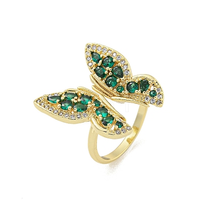 Rack Plated Brass Micro Pave Cubic Zirconia Butterfly Open Cuff Rings for Women RJEW-Z039-14G-1