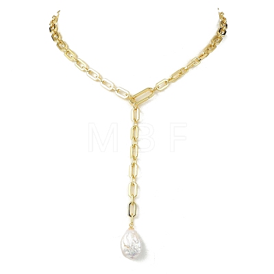 Adjustable Natural Baroque Keshi Pearl Teardrop Pendant Brass Lariat Necklaces NJEW-JN06205-1