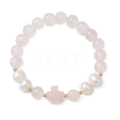 Natural Mixed Gemstone & Cultured Freshwater Pearl Round Beads Stretch Bracelets for Women BJEW-JB13086-1