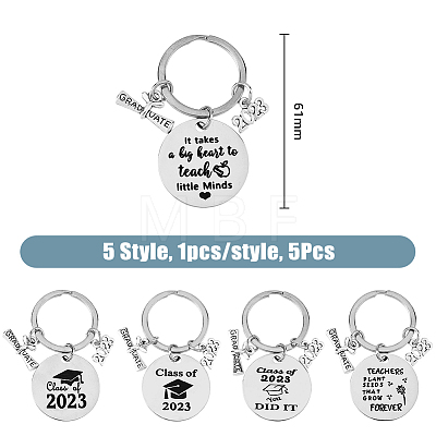 5Pcs 5 Style Class of 2023 Graduation Gifts Stainless Steel Keychain KEYC-FH0001-32B-1