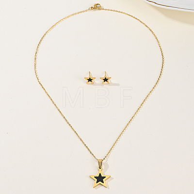 Casual Fashion Stainless Steel Star Stud Earrings & Necklaces Set for Women RI4338-1