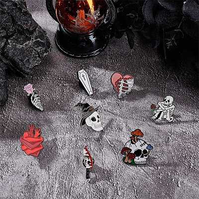 SUNNYCLUE 8Pcs 8 Style Gothic Skull & Heart & Rose & Coffin Enamel Pins JEWB-SC0001-22-1