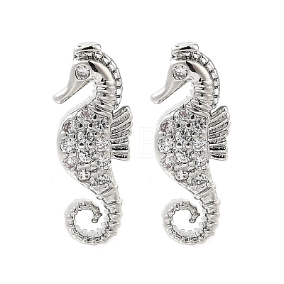 Sea Horse Brass Micro Pave Cubic Zirconia Ear Studs EJEW-D304-38P-1