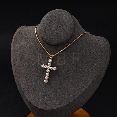 PVD Vacuum Plating 304 Stainless Steel & Plastic Pearl Cross Pendant Round Snake Chain Necklaces for Women STAS-Z114-20G-1