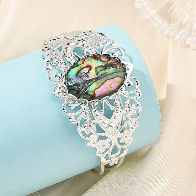 Oval Natural Paua Shell Brass Hollow Floral Cuff Bangles for Women BJEW-JB14503-02-1