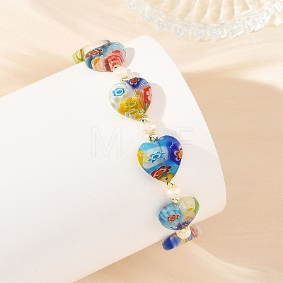 Handmade Millefiori Lampwork Heart & Natural Pearl Beaded Stretch Bracelets BJEW-JB14294-02-1