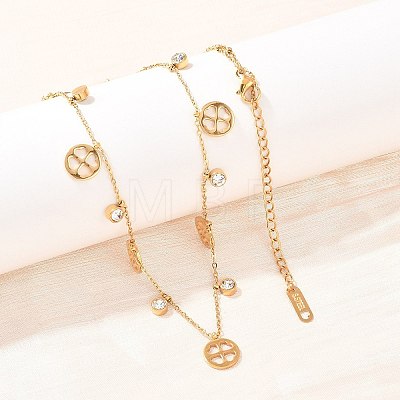 Saint Patrick's Day 304 Stainless Steel Crystal Rhinestone Flat Round and Clover Tassel Bib Necklaces for Women NJEW-A064-01G-1