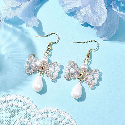 Bowknot Shell Pearl Dangle Earrings EJEW-TA00494-1