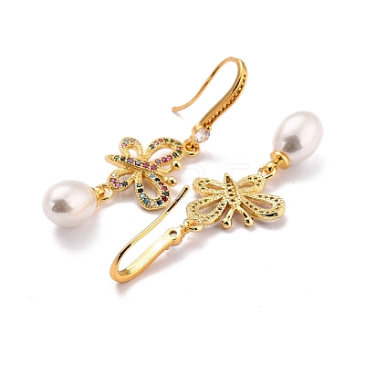 Butterfly with Imitation Pearl Beads Sparkling Cubic Zirconia Dangle Earrings for Her ZIRC-C025-31G-1