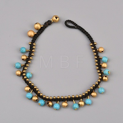 Bohemian Synthetic Turquoise & Brass Bell Tassel Braided Waxed Cord Anklets for Women AJEW-WH0696-540-1
