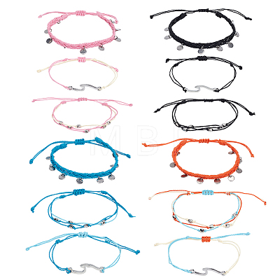 4 Sets 4 Colors 304 Stainless Steel & Alloy Wave & Flat Round Charm Bracelets Set BJEW-AN0001-34-1