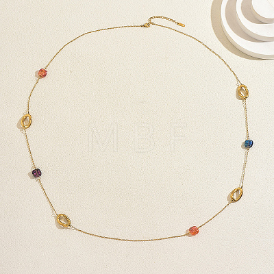 French Stainless Ssteel Twisted Oval with Colorful Glass Beads Long Link Chain Necklaces for Women XI4819-1