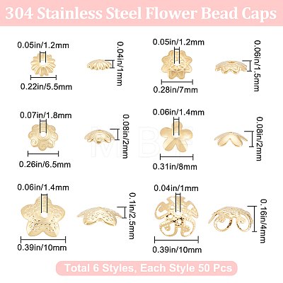 300pcs 6 styles 304 Stainless Steel & Brass Bead Caps STAS-BBC0002-51-1