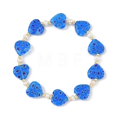Handmade Millefiori Lampwork Heart & Natural Pearl Beaded Stretch Bracelets BJEW-JB14294-01-1