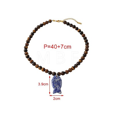 Ocean Natural Blue Spot Jasper Fish Pendant Natural Tiger Eye Round Beaded Necklaces for Women WG65B2A-01-1