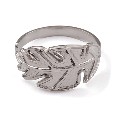 304 Stainless Steel Monstera Leaf Open Cuff Rings for Women RJEW-G285-68P-1