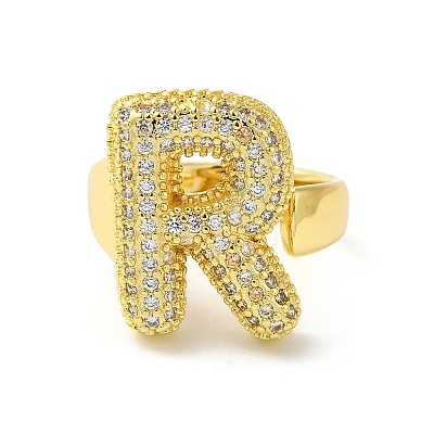 Letter Brass Micro Pave Clear Cubic Zirconia Open Cuff Ring for Women RJEW-N046-03R-G-1