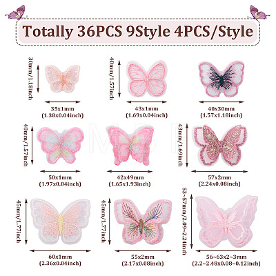 Beadthoven 36Pcs 9 Style Butterfly Organgza Lace Embroidery Ornament Accessories DIY-BT0001-49-1
