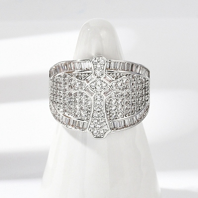 Brass Micro Pave Clear Cubic Zirconia Open Cuff Rings for Women RJEW-A059-04P-1